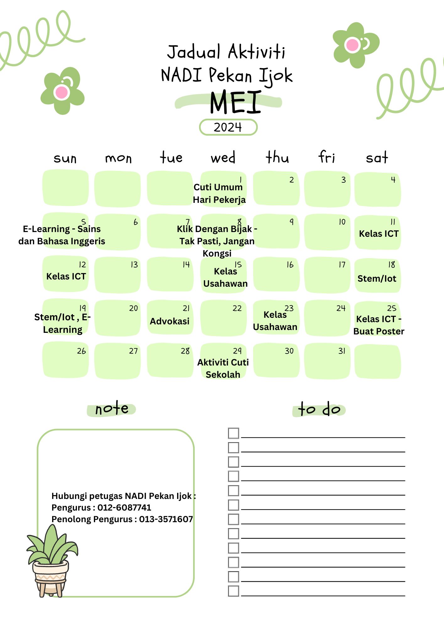 white green cute minimalist may 2024 monthly planner A4